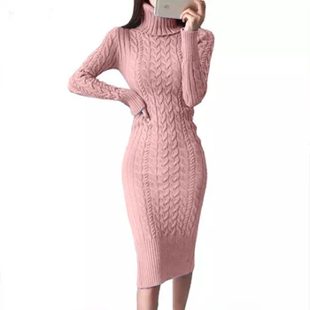 Есен-зима нов вязаный дълъг пуловер плътен цвят пуловер жени с дълъг ръкав, пуловер мода тънък дама Всички мач пуловер-рокля