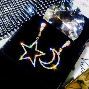 2019 блестящ асиметрия спад корейски обеци за жени Bijoux Звезда Луната планински кристал виси обеци обеци изявление бижута подаръци