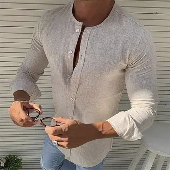 Мъжка Slim Fit памучен бельо V-образно деколте с дълъг ръкав Muscle Tee тениска ежедневни блузи Henley ризи есента на 2019 Нова