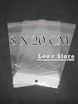 8x20cm Self Adhesive OPP Чанта Hanging With Hole, прозрачна пластмасова торбичка заглавието,чанта, супермаркет,търговия на Едро безплатна доставка