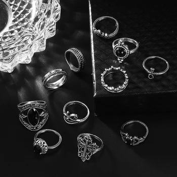 10 бр./компл. жените ретро Gem Crystal Crown Moon Сърце Waves геометричен комплект пръстени класически черен камък съвместно пръстен подаръци Z5M217
