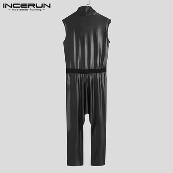 Мъжете без ръкави поло гащеризон INCERUN 2021 мода твърди фалшиви кожени комбинезони пънк стил на човек, фитнес джоба гащеризон S-5XL