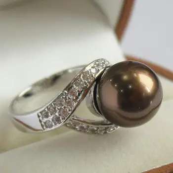 Nice lady ' s plated with crystal decorated &12mm brown shell pearl ring(#7 8 9 10) 35%