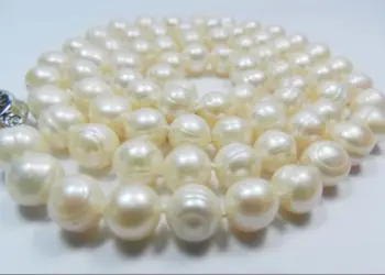 Нова мода 9-10 мм бял Akoya культивированная мивка перлена огърлица, перлата бижута въже, верига огърлица Перла топче от естествен камък, 18 инча