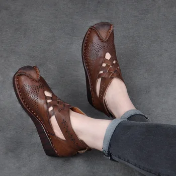 Ретро-ръчно изработени сандали, дебели по-ниските склонове с дамски обувки, кожени пещерни готини ботуши, лятна римската дамски обувки