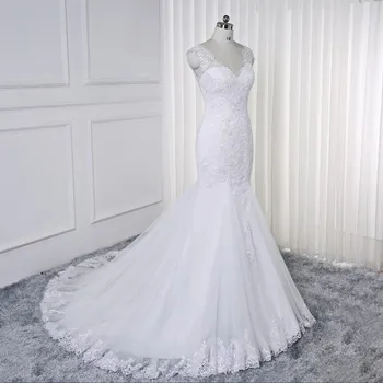 Секси дълбоко V шията във сватбени рокли русалка стил Африка Нов 2019 Бяла дантела апликация плюс размер тюл сватбени рокли