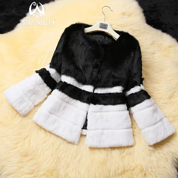 Нов истински заек кожа палто жени черно бяла кожа яке зима пълна кожата заек кожа палто индивидуални плюс размер F1022