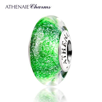 ATHENAIE истински 925 сребро зелен флуоресцентен муранско стъкло, мъниста отговарят на всички европейски висулки, гривни, колие подарък за жени подаръци