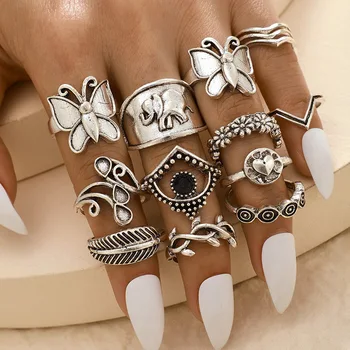 Boho сребърен цвят пеперуда слон лист геометрични пръстени група жени реколта юмрук безименен пръст Femme мода бижута подарък
