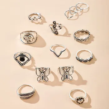 Boho сребърен цвят пеперуда слон лист геометрични пръстени група жени реколта юмрук безименен пръст Femme мода бижута подарък