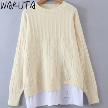WAKUTA Streetwear Casual Hem Hole дълъг пуловер жени Нова Есен Зима 2020 свободни О-образно деколте твърди шик възли лоскутные пуловери