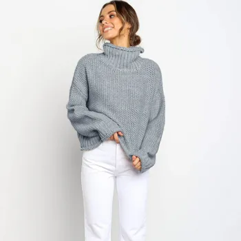 Високата шия вдигане на линия ежедневни дамски задължителен свободен пуловер есен облекло женски пуловер, поло жени