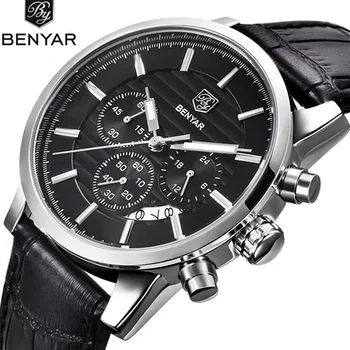 BENYAR кварцови часовници мъжки хронограф водоустойчив часовник Бизнес Спортен дизайн, Кожена каишка каишка ръчни часовници за мъже