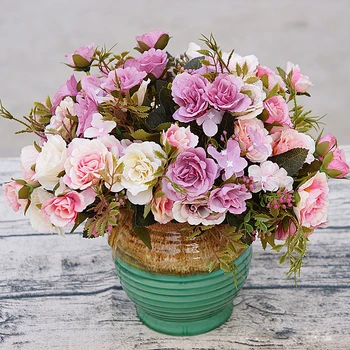 1 букет от 5 вилици, 6 глави коприна изкуствени цветя САМ божур роза моделиране на цветя за дома на масата ваза Сватбен декор