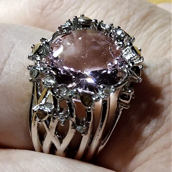 Луксозен женски чар пръстен сребърен цвят на кралицата на годежен пръстен кръг розов скъпоценен камък булката високо качество на бижута Z5P008