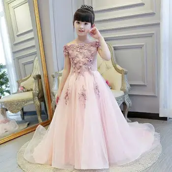 Дълго дейзи верижното сватбена рокля момичета розов тюл мъниста апликация Първо причастие обличам децата вечерна официална рокля на принцеса цветни момичета