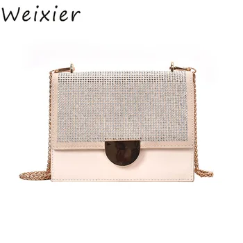 WEIXIER Female Diamond Flap Square bag 2019 Quality ПУ Leather Women ' s Designer bag Lock Chain рамото Messenger Bag V1-91