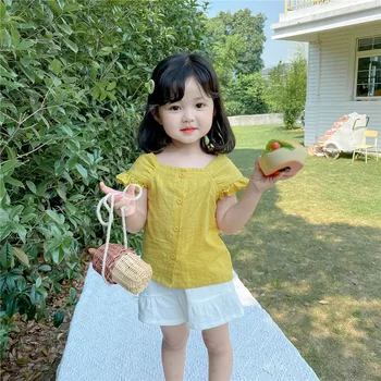 Корейски момиче годишна кукла яка летящ ръкав риза + панталон панталон shorts костюм от две части 2020 новата момиче прекрасни сладки комплекти