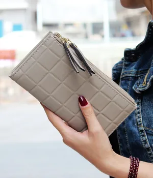 Моден дизайнер двойна светкавица релеф на дамски портфейли, кожени квадратни дълги дамски портмонета карти на притежателя на монетите в чантата си чанти