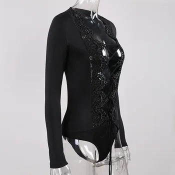 Жените дами клубна облекло V образно деколте Playsuit Bodycon боди с дълъг завързана ръкав плюс размер прозрачен дантелен боди черен