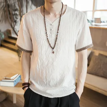 2019 мъжко бельо тениска с къс ръкав лятна тънък памучен плат Китайската традиционна мъжките дрехи ретро тениска на plus размер 4XL 5XL
