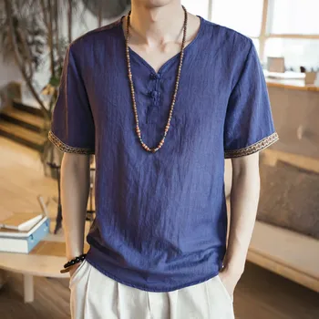2019 мъжко бельо тениска с къс ръкав лятна тънък памучен плат Китайската традиционна мъжките дрехи ретро тениска на plus размер 4XL 5XL