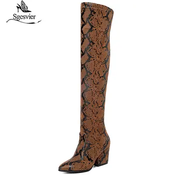 Sgesvier 2020 мода сияние изкуствена кожа приплъзване на дълги ботуши квадратен ток комфорт зимни дамски ботуши над коляното размер на 43