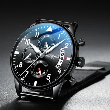 JENISES мъжки Спортни кварцови часовници за мъже, мода военен хронограф мъжки часовници с кожена каишка на ежедневните водоустойчив бизнес ръчен часовник