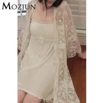 От две части, Нощни ризи, пижами, секси бельо дантела нощно рокля спагети лента памук-халат за баня Дама домашно облекло #MZ96