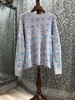 2020 есен и зима нов женски кръгъл отвор в тон цвят пайети декоративен универсален пуловер с дълги ръкави 1109