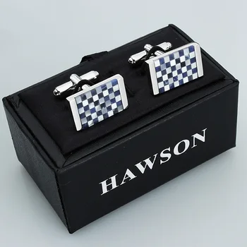 HAWSON синьо каре копчета за ръкавели за мъже квадратна френска риза на бижута, копчета за ръкавели с кутия за подарък