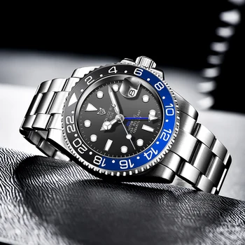 LIGE DESIGN NEW Luxury Men Механични ръчни часовници е от неръждаема стомана GMT Watch Top Brand Glass Sapphire мъжки часовник reloj hombre+Box