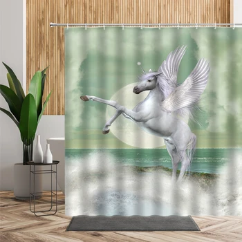 Творчески животни шаблон баня с душ завеса за баня декори Еднорог морска вълна Начало украсете водоустойчив плат 3D комплект завеси