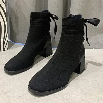 Летни ботуши Дамски обувки ботуши с квадратни пръсти-дамски обувки жена 2020 нисък ток луксозен дизайнерски есен пеперуда възел