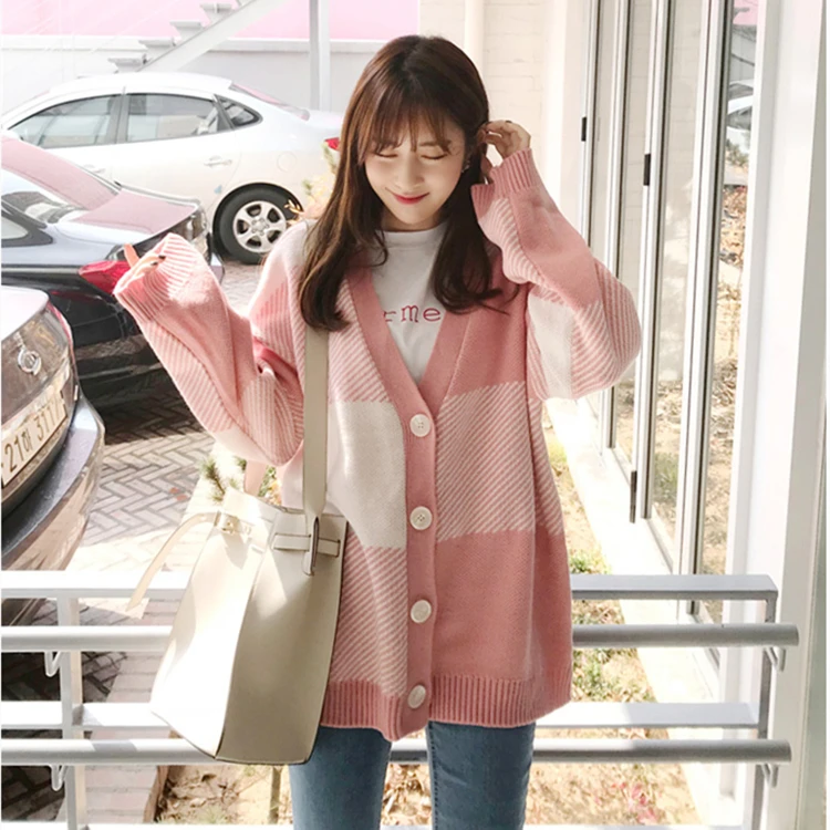 ZCWXM Дамски пуловери есен-зима 2020 мода корейски стил casual каре V-образно деколте, жилетки однобортный розово геометричен