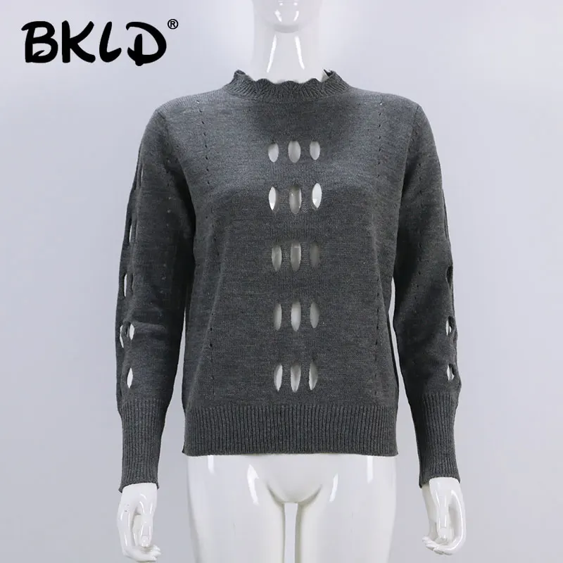 BKLD Fashion Ladies Sweater Long Sleeve Women Knitting Sweater Solid О-образно деколте пуловери Секси Hollow Out Women есен свободен пуловер