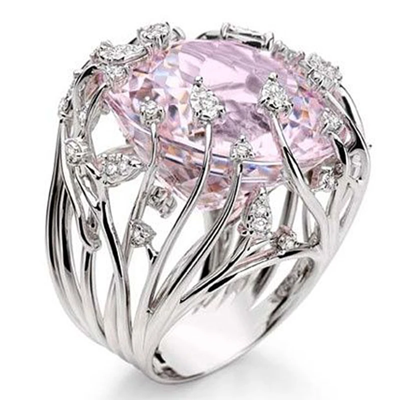 Луксозен женски чар пръстен сребърен цвят на кралицата на годежен пръстен кръг розов скъпоценен камък булката високо качество на бижута Z5P008